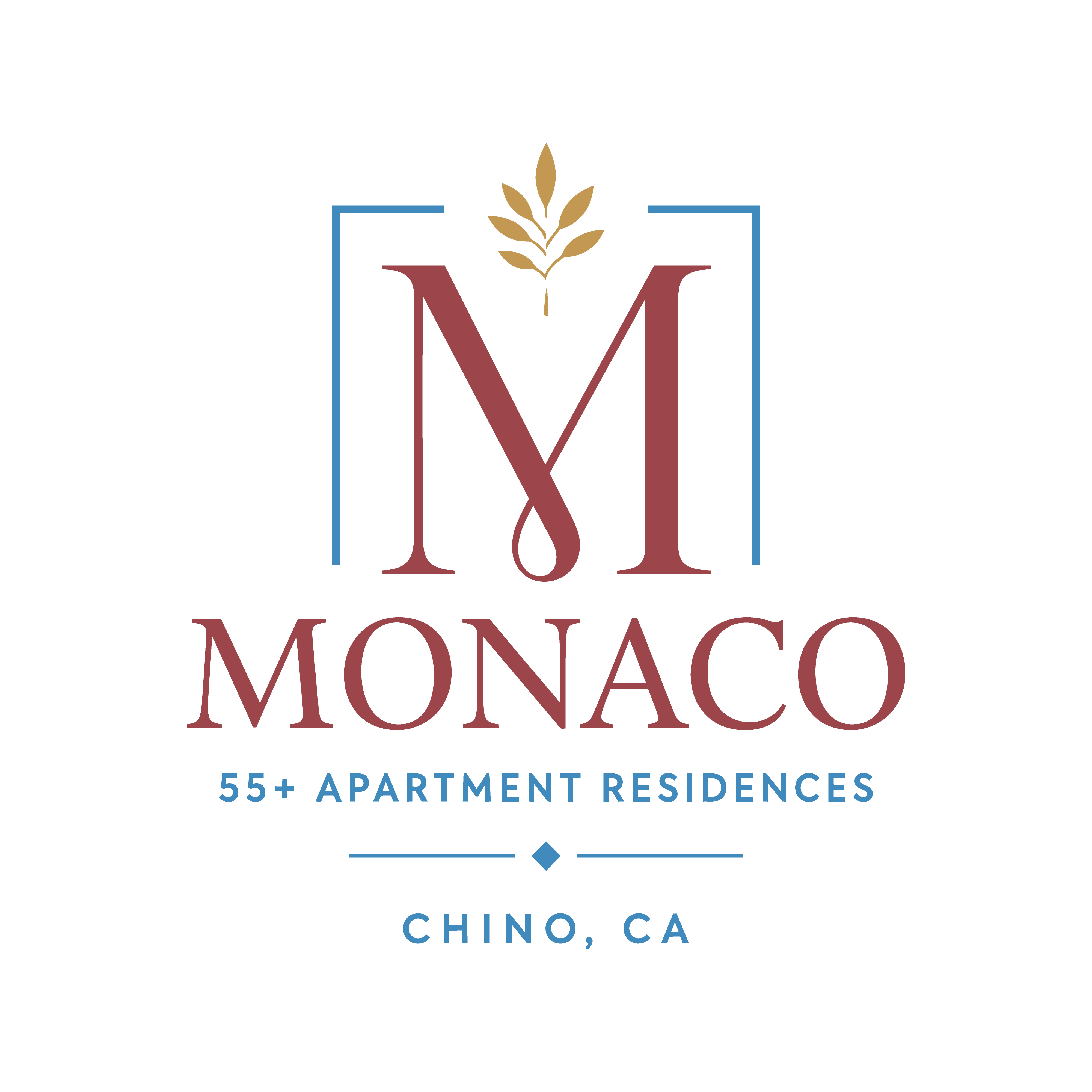 The image is a logo for Monaco, a company offering 55+ apartment residences in Chino, CA.